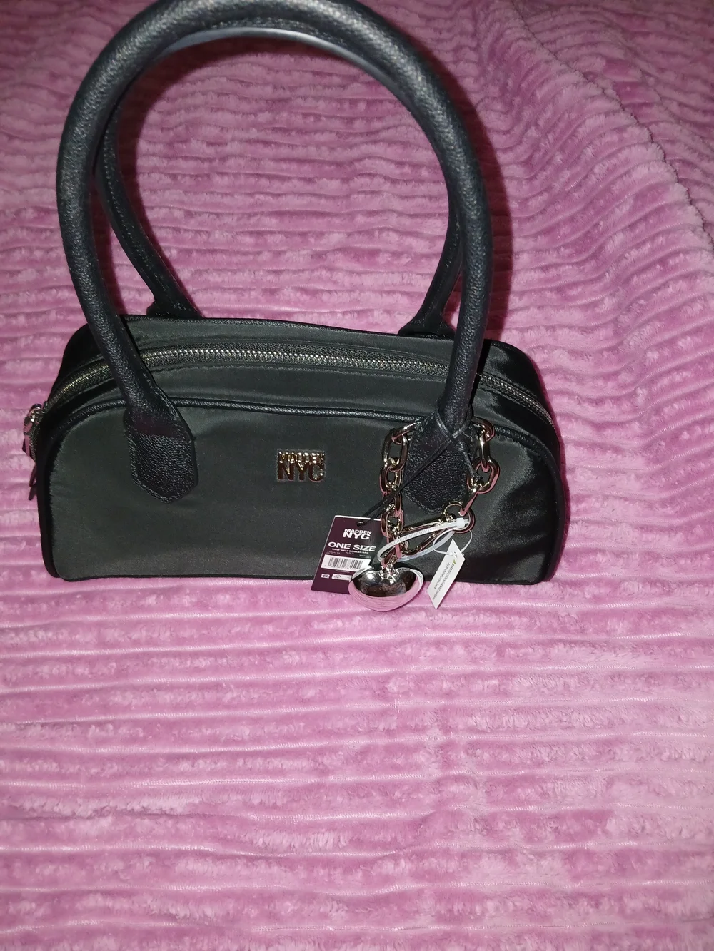 Madden NYC Black East West Bowler Bag Dome Satchel with Silver Heart Charm